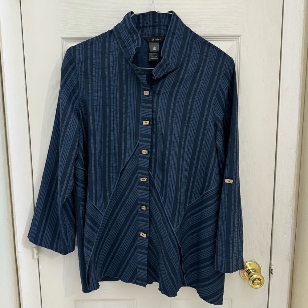 Ali Miles Tunic Blouse Size Large Navy Blue Lagenlook Boxy Flowy Artsy